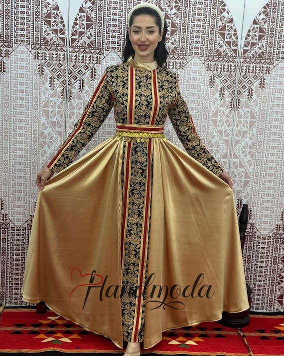 Salwa Palestinian Tatreez Embroidered Thobe Long Maxi Dress Henna