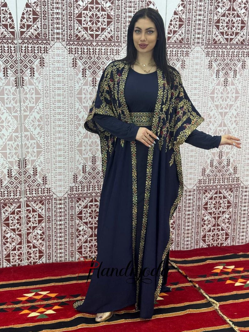 Garden Denim Abaya Dress – Handmade Floral Palestinian Tatreez