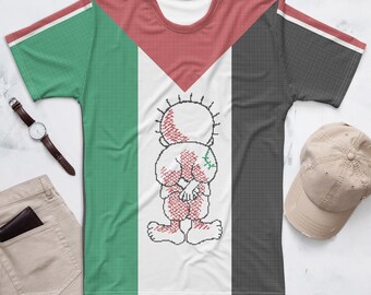 Palestine Flag T-Shirt: Vivid Tatreez Embroidery Pattern Design with Handhala Symbol of Palestinian Resistance
