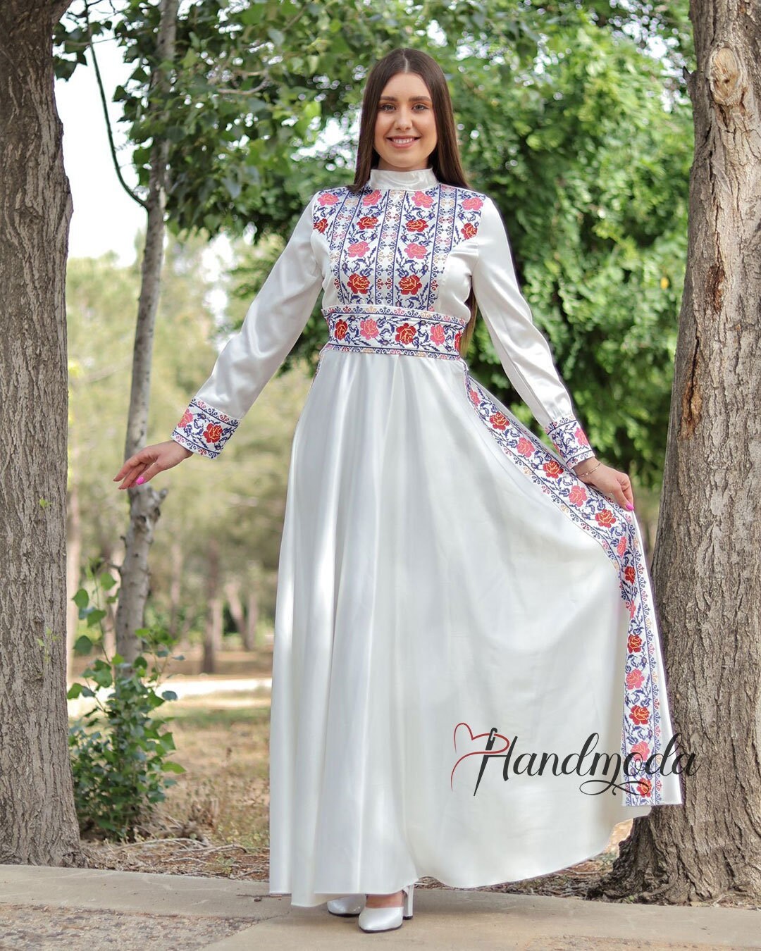 Embroidered Maxi Satin Dress Middle Eastern Tatreez Henna Night