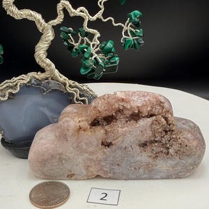 May include: A cloud-shaped, pale pink crystal with a rough texture and a central cavity. A coin and a numbered tag are next to the crystal. A wire tree with green malachite stones is in the background.