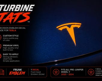 Tesla Model Y Frunk Emblem Decal, Front Hood Logo Vinyl Overlay Sticker, Custom Color Exterior Accessory, 2020–2024 Pre-Juniper