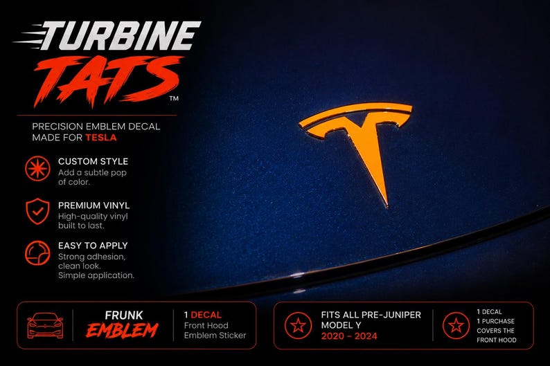 Turbine Tats front hood emblem overlay for Model Y