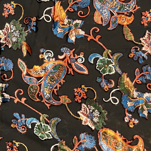 Tissu : mousseline de soie velours floral dévoré turquoise, vert, orange - 45 po. de large