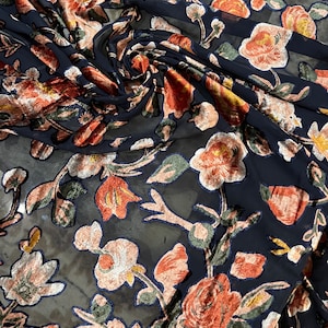 Floral Burnout Velvet Chiffon Fabric: Dark Navy & Copper, 45&quot; Wide