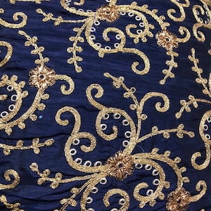 Gold Embroidered Shantung Fabric - Sold by the Yard