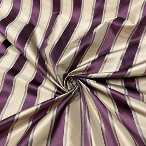 Beautiful ivory and plum color stripe, jacquard silk shantung fabric, Sold by the yard.
