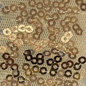 May include: Close-up of a fabric with gold sequins. The sequins are round and scattered across a cream-colored, net-like fabric. The sequins vary in shades of gold and brown.