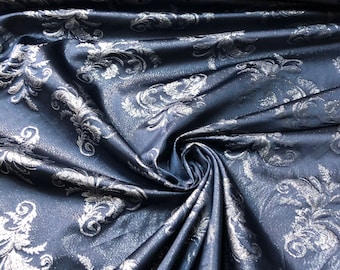 Stoff: Navy Blue Brokat Silber Floral gewebter Jacquard, 60 "breit
