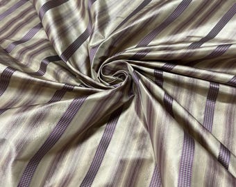 Fabric: Ivory and Mauve Stripe Jacquard Silk Shantung, Apparel Fabric Sold by the Yard