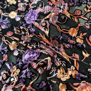 Floral Chiffon Velvet Burnout Fabric: Black, Purple, Copper, Yellow - 45&quot; Wide