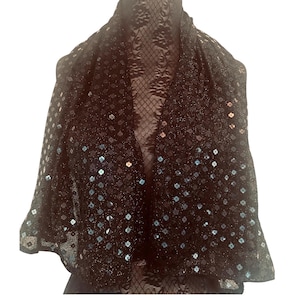 Scarf: Black Sequin Poly Strech Wrap/Shawl, Rectangular and square options available