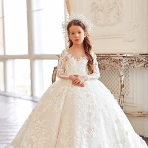 Champagne Beaded Lace Flower Girl Dress, Custom Made, Ivory, Ball Gown Flower Girl Dress ... Sizes 10 & 11 * READY TO SHIP!