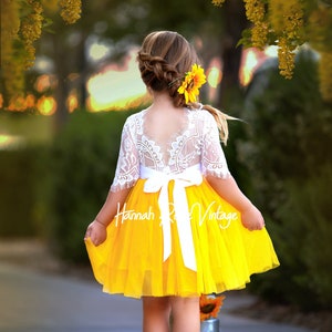 Flower girl dress, sunflower yellow knee length flower girl dress, tulle flower girl dress, boho flower girl dress short sleeve summer, etsy