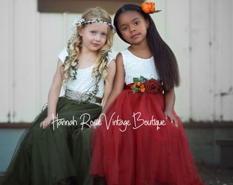 Rust or Olive Sleeveless Flower Girl Dress, Boho Tulle Flower Girl Dress, Vintage Flower Girl Dress, Toddler Flower Girl Dress