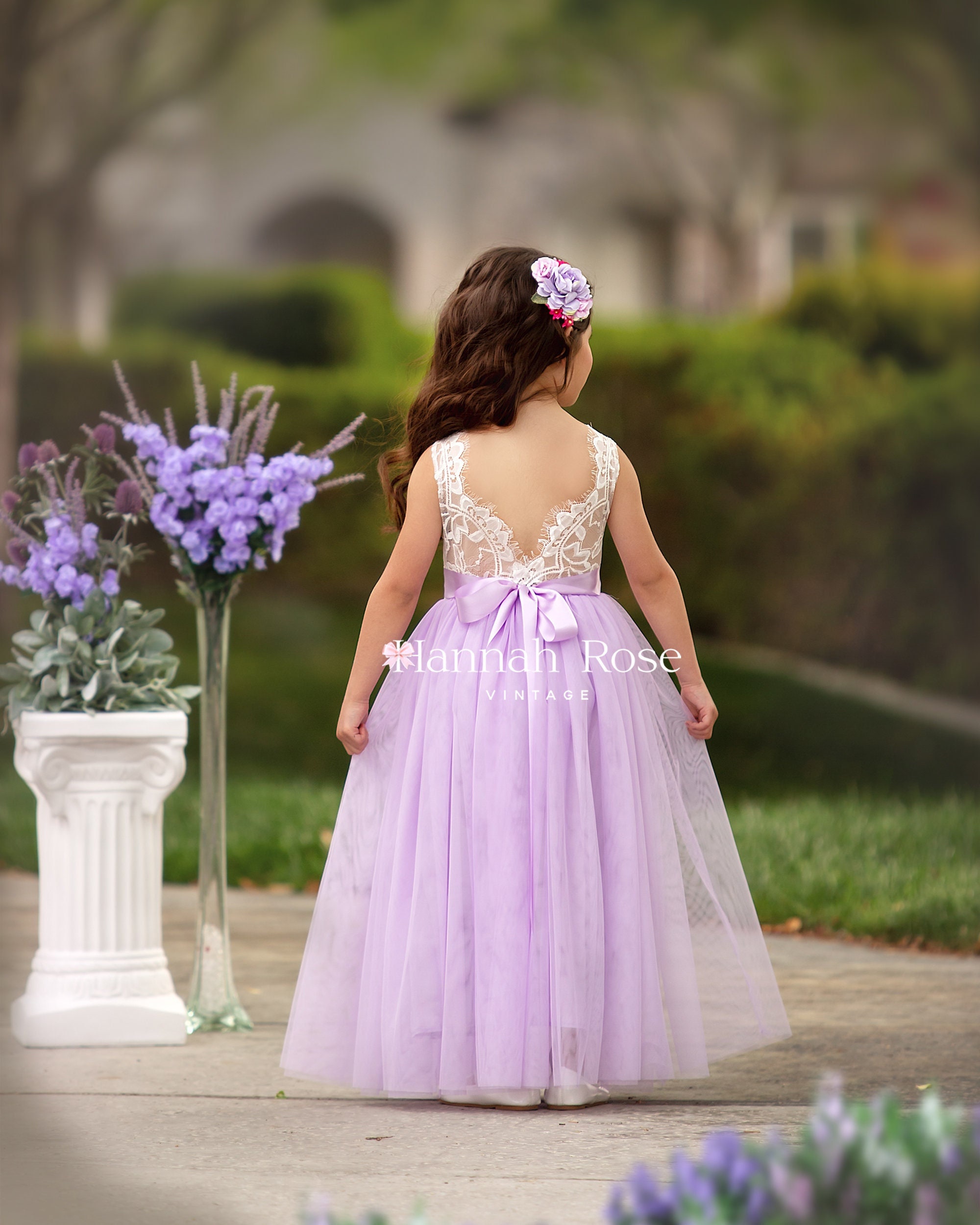White and lilac flower girl dresses sale