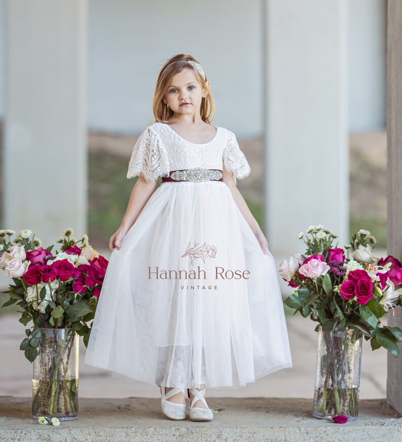 Short Sleeve Blush flower girl dress White tulle and lace Etsy