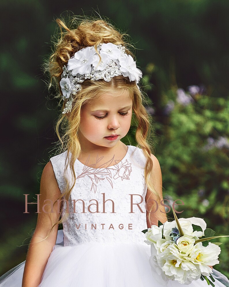 Beaded Bridal White Lace Hair Crown Flower Girl Hair Etsy
