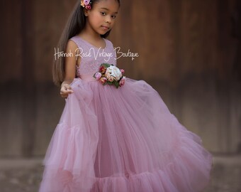 Mauve Flower Girl Dress with Deep Ruffle Hem, White, Ivory, Mauve Boho Tulle Flower Girl Dress, Vintage, Toddler Flower Girl Dress