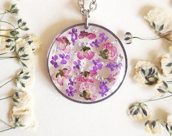 Botanic Necklace,dainty Jewelry,Real Flower Jewellery,Resin Jewelry, birthday gift, Real Pressed Flower Necklace, Valentines day Gift, Pink