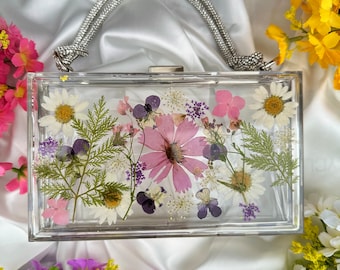 Pochette avec fleurs véritables, sac à main de soirée, mariage d'été, garden-party, cadeaux de Noël pour la Saint-Valentin, cadeau pour elle, cadeaux fleurs, art pour amoureux de la nature