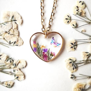 Heart Necklace,dainty Jewelry, Real Flower Jewellery, Butterfly  Jewelry, unique birthday gift,Pressed Flower Necklace, Valentines day Gift
