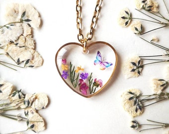 Heart Necklace,dainty Jewelry, Real Flower Jewellery, Butterfly  Jewelry, unique birthday gift,Pressed Flower Necklace, Valentines day Gift