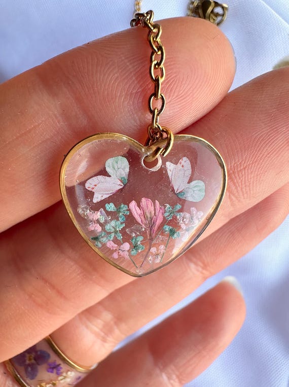 Real Flower Heart Pendant Necklace: Butterfly Queen Anne's Lace