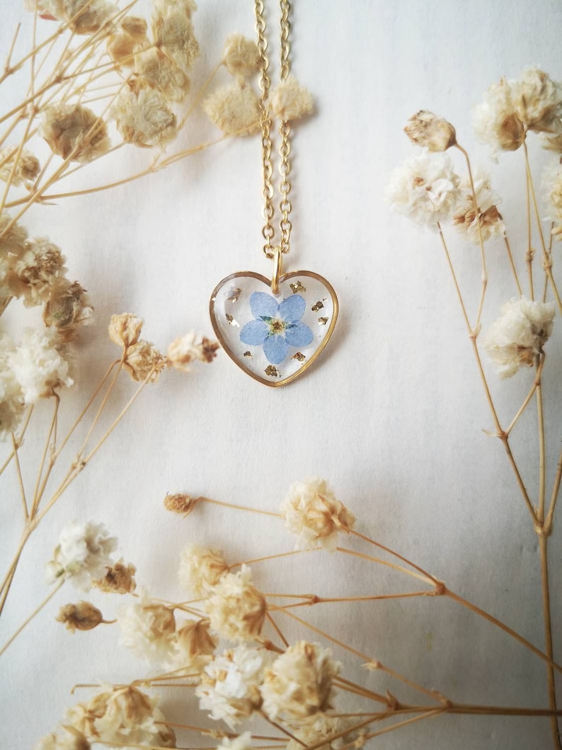 Forget Me Not Necklace,dainty Forget Me Not Jewelry, Real Flower Jewellery,Resin Jewelry, unique birthday gift, Real Pressed Flower Necklace image 2