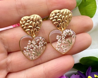 Heart Dainty gold earring, flower tiny cute earrings, real pressed flower jewellery,  botanical floral earrings, Valentine's Day UK Gift Art