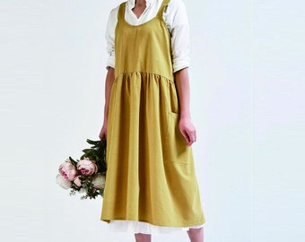 Linen Apron Dress/ Women Apron Dress/ Loose Fit Dress with Pockets