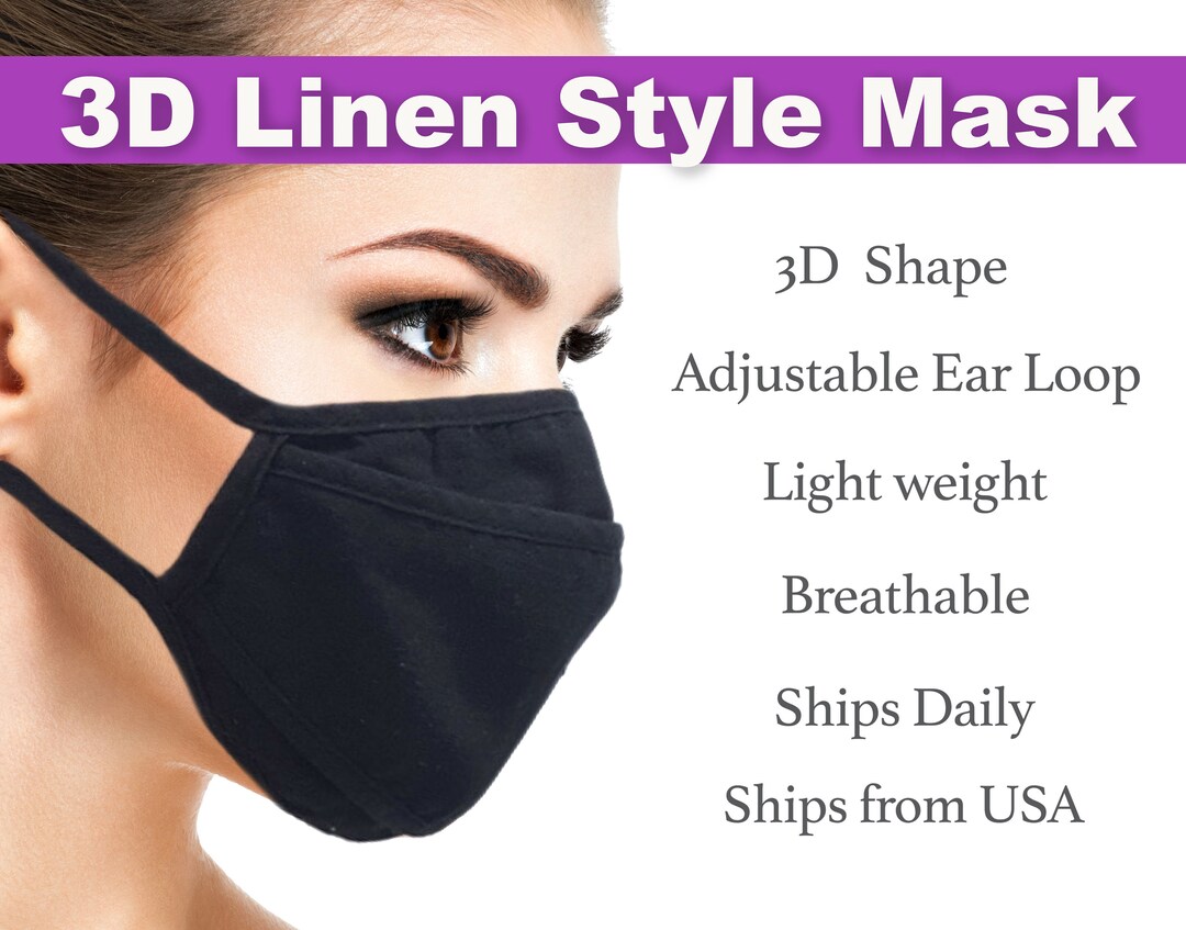 BLACK-3D Linen Style Mask Double Layered Adult Face Mask Reusable ...