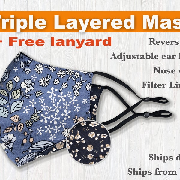 Free Lanyard + Triple Layered Reversible Cotton Mask with Filter Lining Floral Patterns Nose Wire Reusable Adjustable Ear Loop Washable