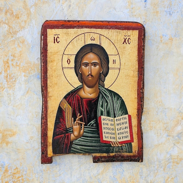 Jesus Christ ''Blessing'' Icon - Greek Orthodox Icon, Golden Sheet, Printed and Partly Painted on Handmade Crackling Canvas on Pine Wood