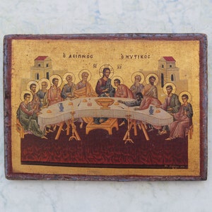 The Last Supper Icon - Greek Orthodox Icon, Golden Sheet, Printed and Partly Painted on Handmade Crackling Canvas on Pine Wood