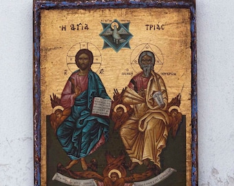 Sainte Trinité - Icône grecque orthodoxe, feuille dorée, imprimée et en partie peinte sur toile crépitante à la main sur bois de pin