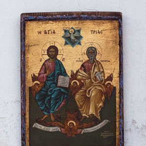 Holy Trinity - Greek Orthodox Icon, Golden Sheet, Printed and Partly Painted on Handmade Crackling Canvas on Pine Wood