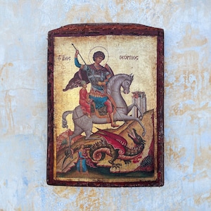 Saint George - Greek Orthodox Icon, Golden Sheet, Aged, Printed and Partly Painted on Handmade Crackling Canvas on Pine Wood