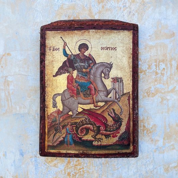 Saint George - Greek Orthodox Icon, Golden Sheet, Printed and Partly Painted on Handmade Crackling Canvas on Pine Wood
