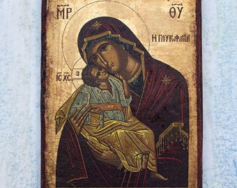 Virgin Mary Icon - Greek Orthodox Icon, Golden Sheet, Printed and Partly Painted on Handmade Crackling Canvas on Pine Wood