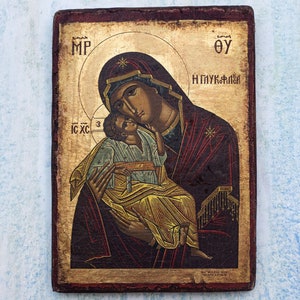 Jungfrau Maria Ikone - griechisch kyrillische Ikone, goldenes Blatt, gealtert, gedruckt und teilweise auf handgemachter knisternder Leinwand auf Kiefernholz gemalt