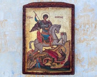 Saint Georges - Icône grecque orthodoxe, feuille dorée, imprimée et en partie peinte sur toile crépitante à la main sur bois de pin