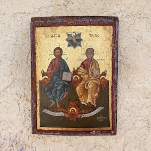 Holy Trinity - Greek Orthodox Icon, Golden Sheet, Aged, Printed and Partly Painted on Handmade Crackling Canvas on Pine Wood