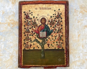 Jesucristo "La Vid" - Icono ortodoxo griego, lámina dorada, envejecida, impresa y parcialmente pintada sobre lienzo craquelado hecho a mano sobre madera de pino.