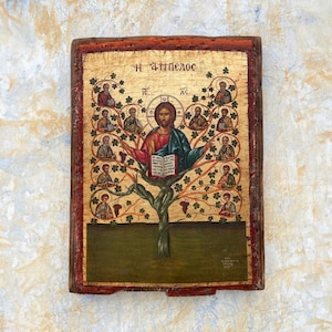Jesus Christ &quot;The Vine&quot; - Greek Orthodox Icon, Golden Sheet, Aged, Printed and Partly Painted on Handmade Crackling Canvas on Pine Wood