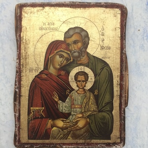 Holy family - Greek Orthodox Icon, Golden Sheet, Printed and Partly Painted on Handmade Crackling Canvas on Pine Wood