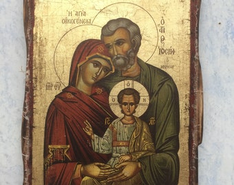 Holy family - Greek Orthodox Icon, Golden Sheet, Printed and Partly Painted on Handmade Crackling Canvas on Pine Wood