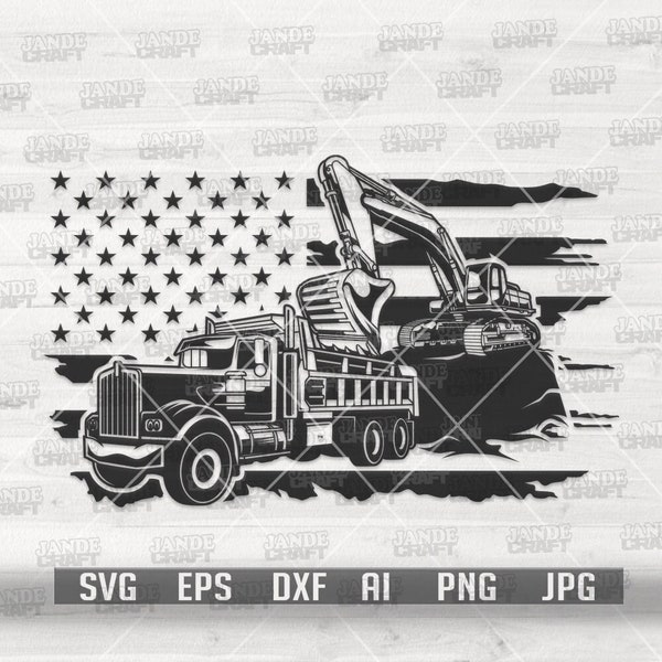 US Dump Truck with Track Hoe svg | Excavator Clipart | Heavy Equipment Cut File | Trucker Driver Dad Shirt png | US Excavator Owner Gift dxf