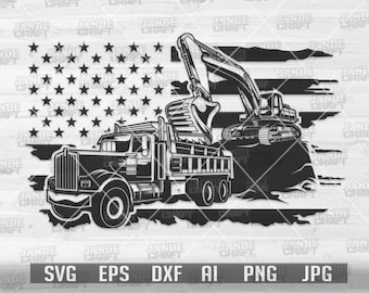 トラックホー付き米国ダンプトラック svg | 掘削機クリップアート | 重機カットファイル | トラック運転手お父さんシャツ png | 米国掘削機オーナーギフト dxf