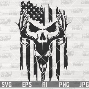 May include: A black and white illustration of a skull with antlers in front of an American flag. The flag is distressed and has a grunge effect.
